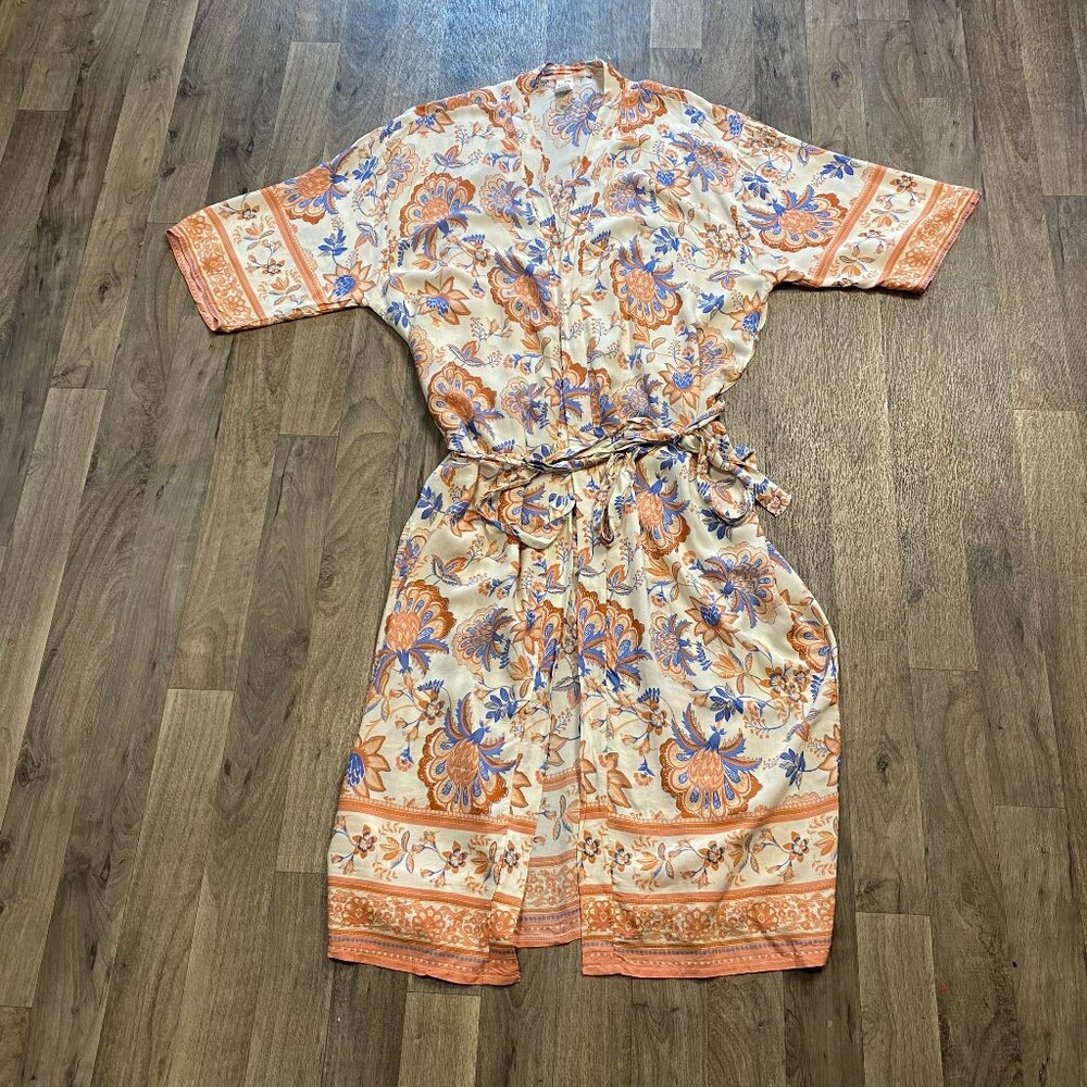 Peach Floral Kimono Robe Open Front Tie Waist One Size Rayon Boho
